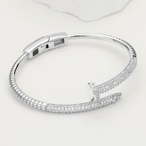 Silver CZ Rhinestone Crystal Nail Shaped Hinged Cuff Bracelet Bangle Statement